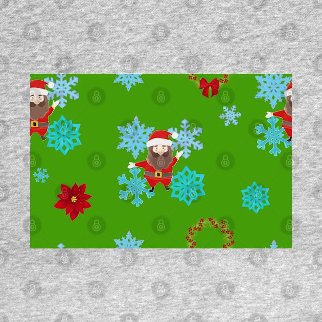 Santa Claus with a Christmas tree seamless pattern on a green background by Ammi